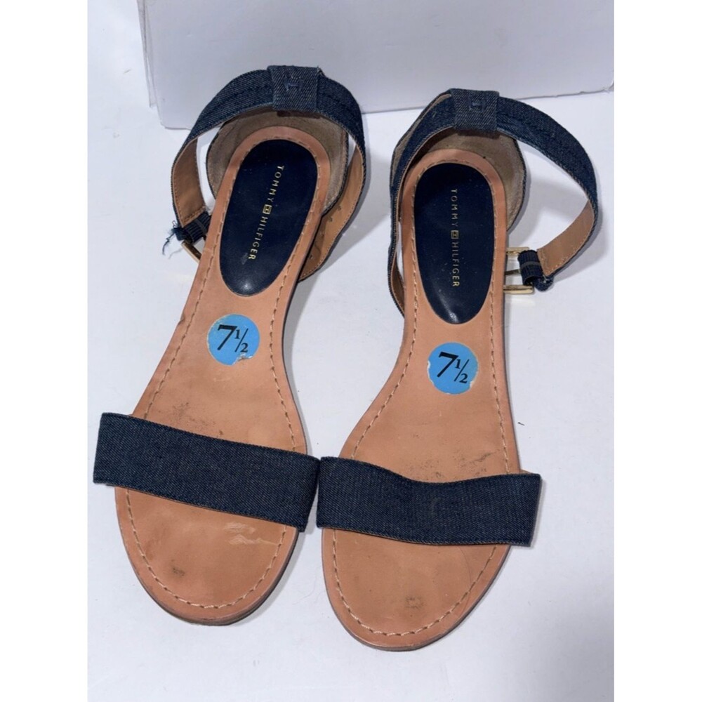 Tommy Hilfiger Size 7 1/2 Dark Blue Denim Ankle Strap Mini Wedge Sandals